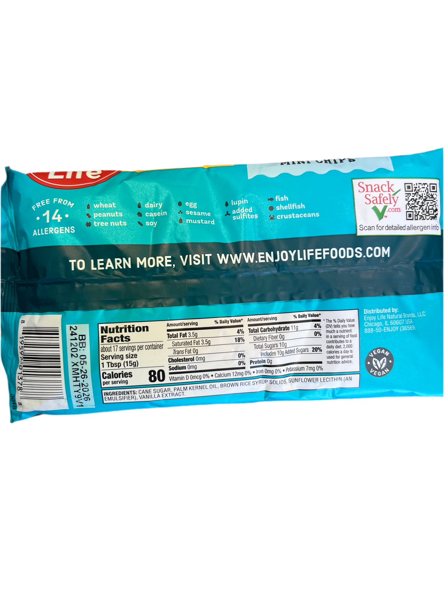 Enjoy life. Baking mini chips white. Dairy free. Nut free. Gluten free