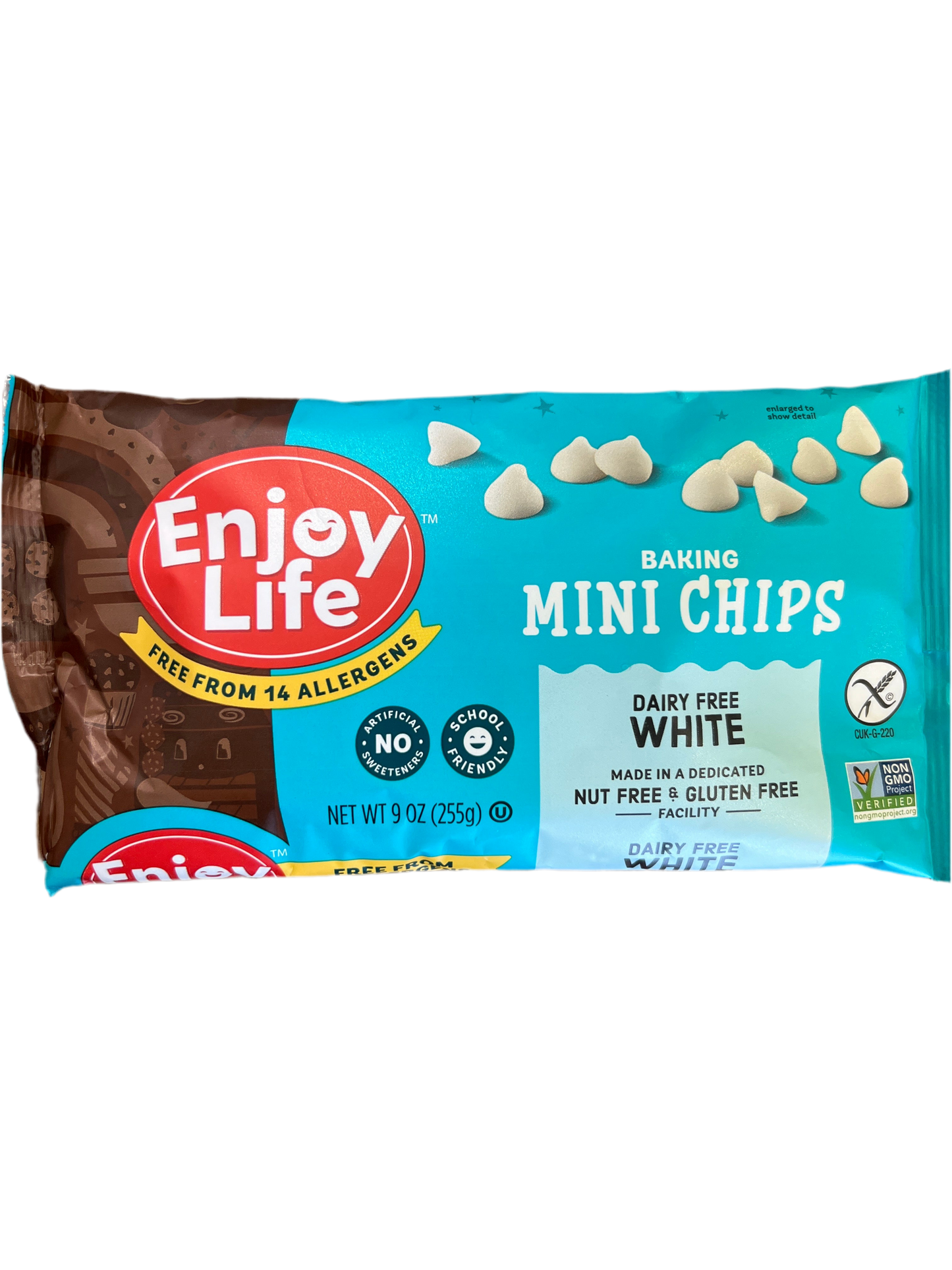 Enjoy life. Baking mini chips white. Dairy free. Nut free. Gluten free