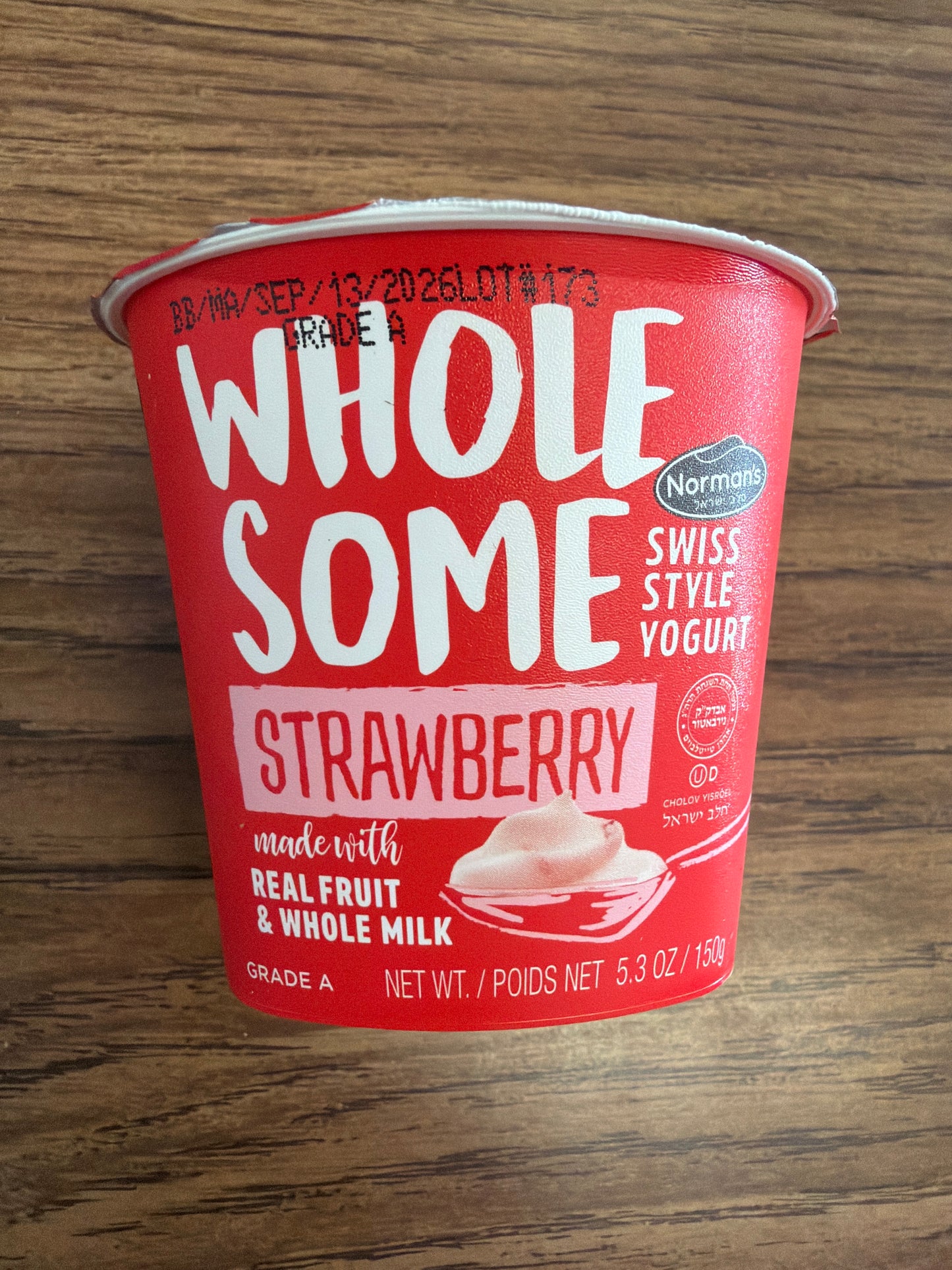 Norman’s wholesome strawberry. Real strawberry and whole milk yogurt 5.3oz