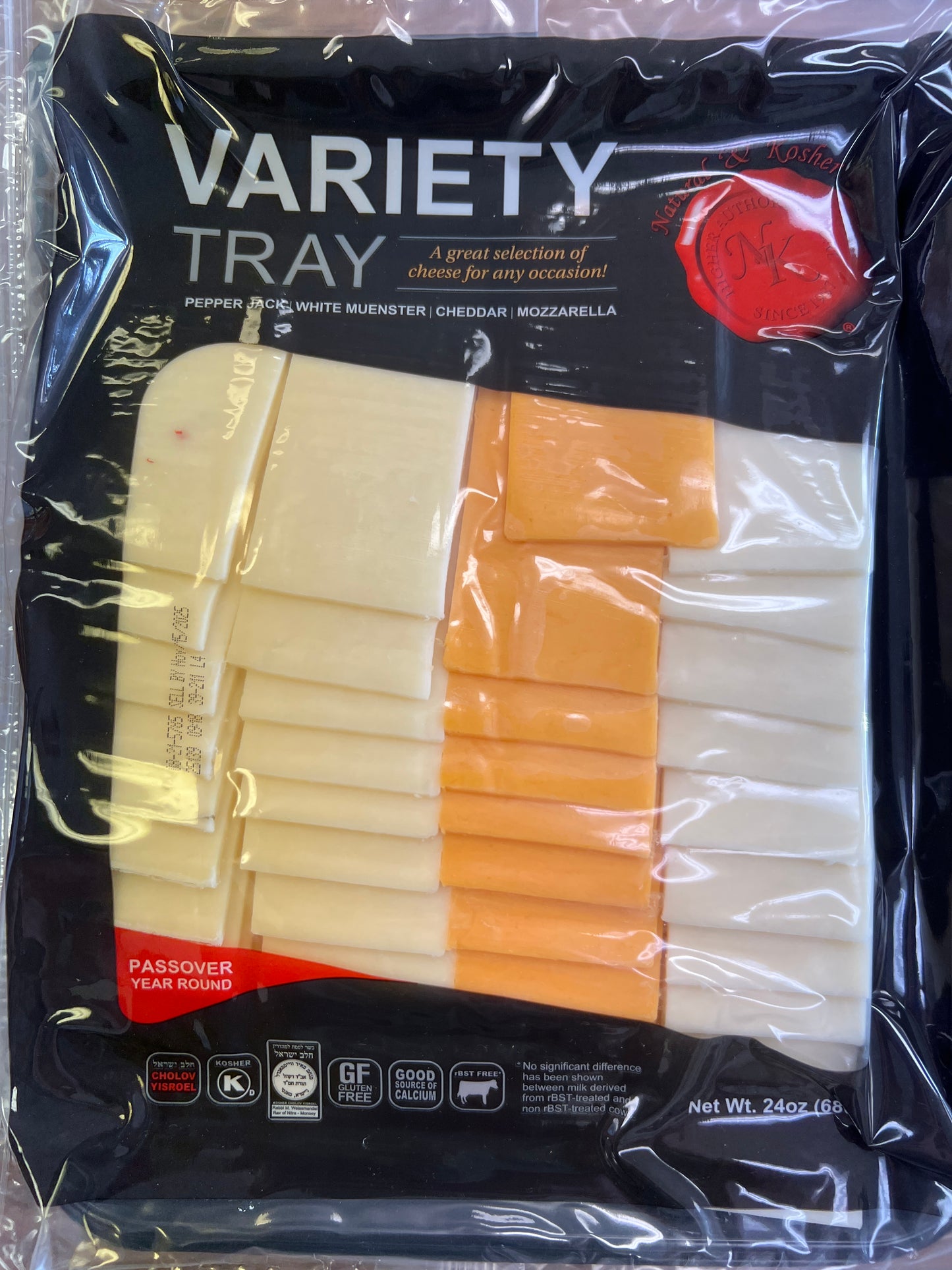 Natural kosher. Variety tray pack cheese. Pepper jack. White muenster cheddar. Mozzarella 24oz