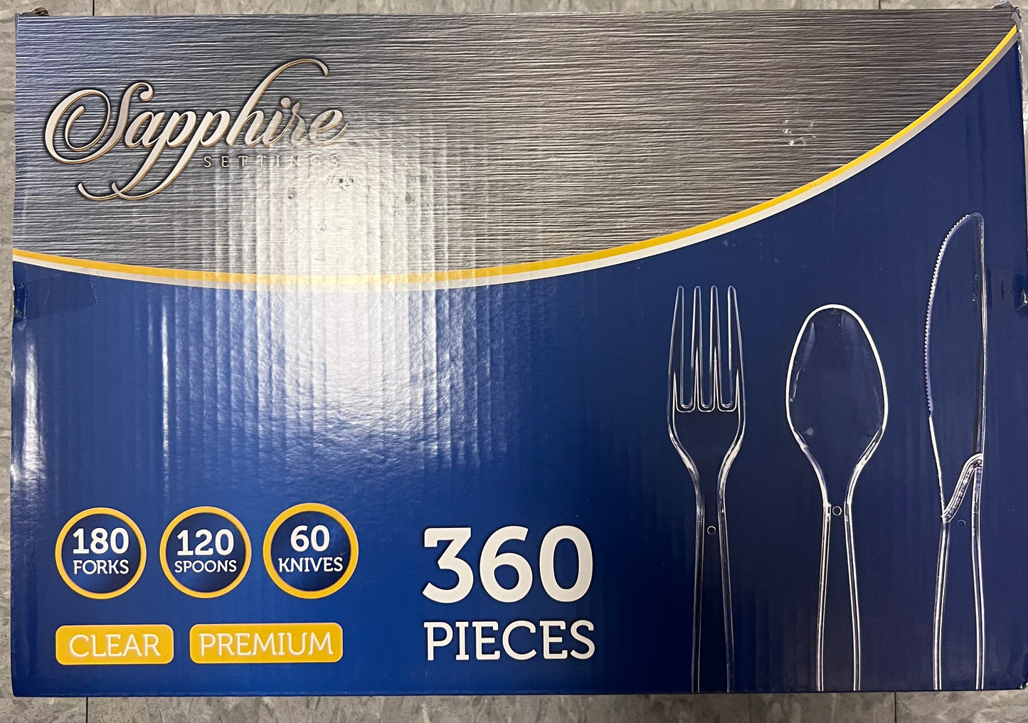 Sapphire settings. 360pc clear premium cutlery. 180 forks. 120 spoons. 60 knives.