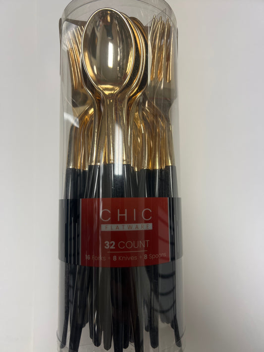 Blue sky #3179 chic flatware 32ct cutlery gold/black