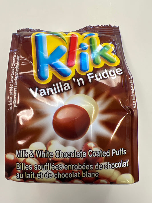 Klik vanilla n fudge. Milk and white chocolate coated puffs￼