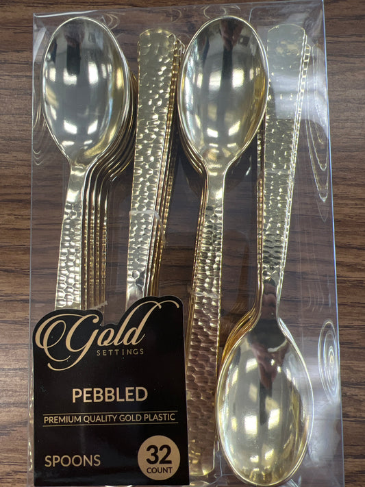 Blue sky. Gold settings pebbled premium gold spoons 32ct