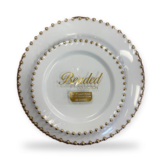 #4393 simcha collection. beaded collection 16 - 7” lunch plate 16 - 10” dinner plate. Combo set 32ct
