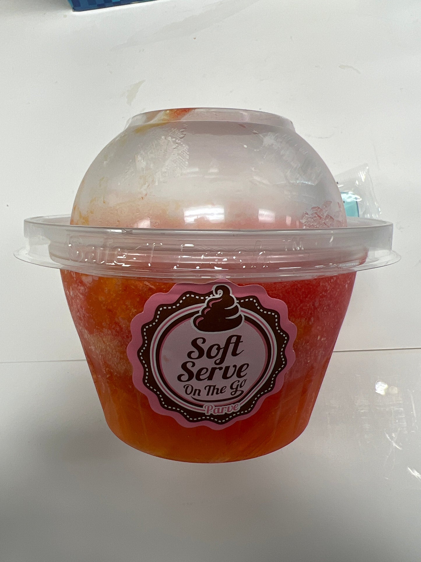 Klein’s soft serve strawberry mango sorbet cup parve