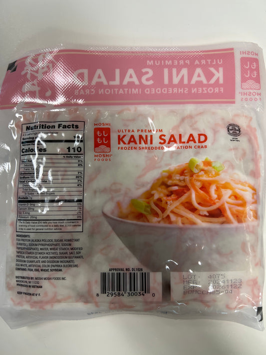 Moshi foods. Frozen shredded imitation fake crab / kani salad