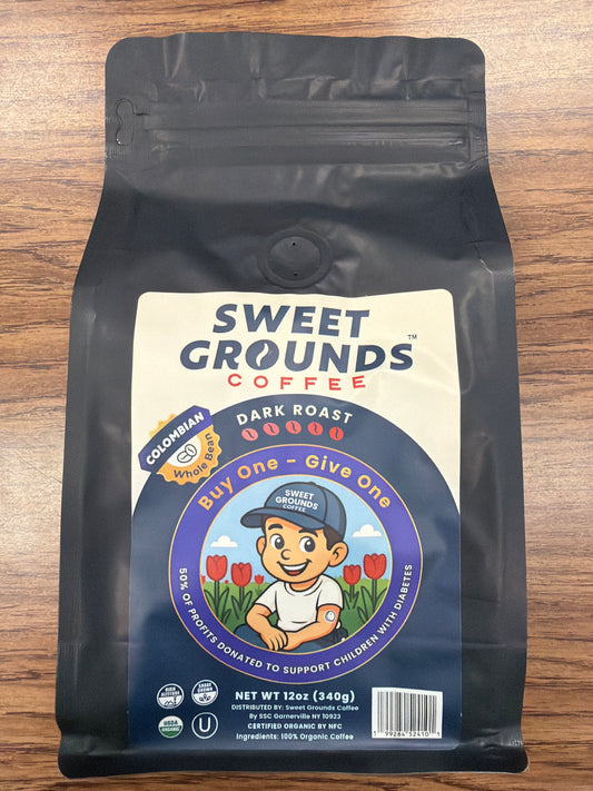 Sweet grounds coffee. Colombian dark roast whole bean