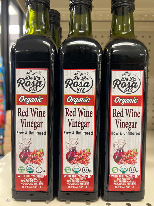 De La Rosa 613 organic red wine vinegar. Raw and unfiltered