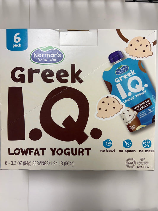 Norman’s Greek IQ low-fat squeeze yogurt virtuoso vanilla 6 pack