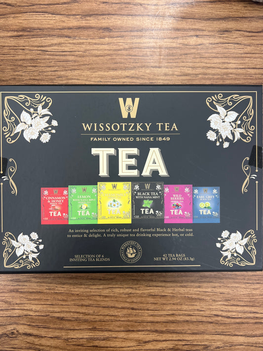 Wissotzky tea. Assorted tea gift box. Cinnamon and honey. Lemon with nana mint. Black tea with nana mint. Wild berries herbal. Earl grey