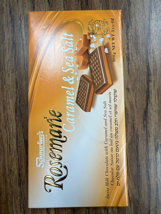 Schmerling Rosemarie caramel and sea salt chocolate bar. Dairy KFP