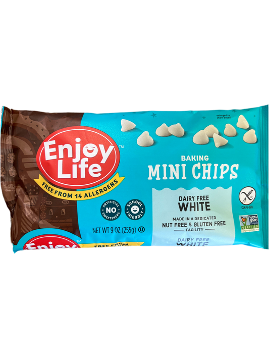 Enjoy life. Baking mini chips white. Dairy free. Nut free. Gluten free