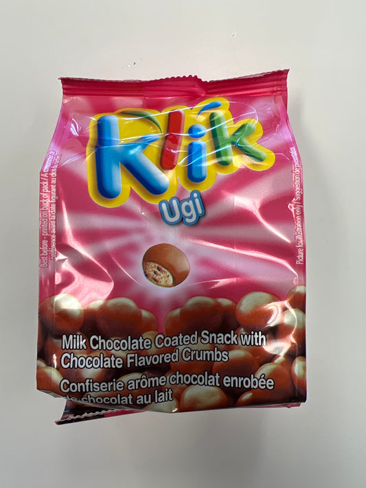 Klik Ugi. Milk chocolate coated snack with chocolate flavored crumbs￼