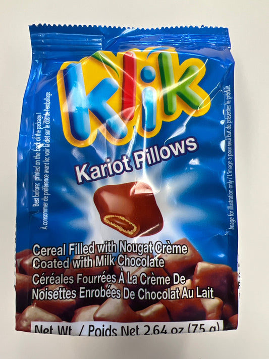 Klik kariot pillows. Cereal filled with nougat crème coated with milk chocolate