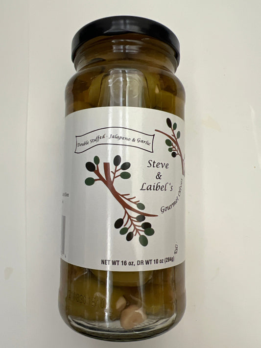 Steve and Laibel’s gourmet olives double stuffed garlic and jalapeños