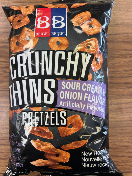 Beigel Beigel. Crunchy thins sour cream and onion flavored pretzels