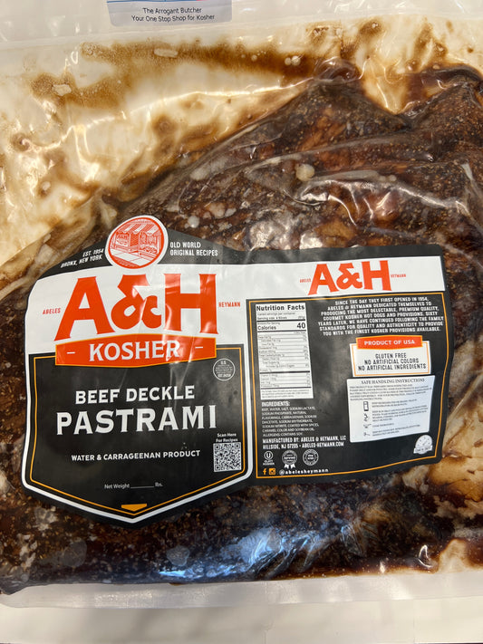 A and H. Beef deckle pastrami $11.79/lb. Price adjusted at fulfillment. Approx 3.lbs