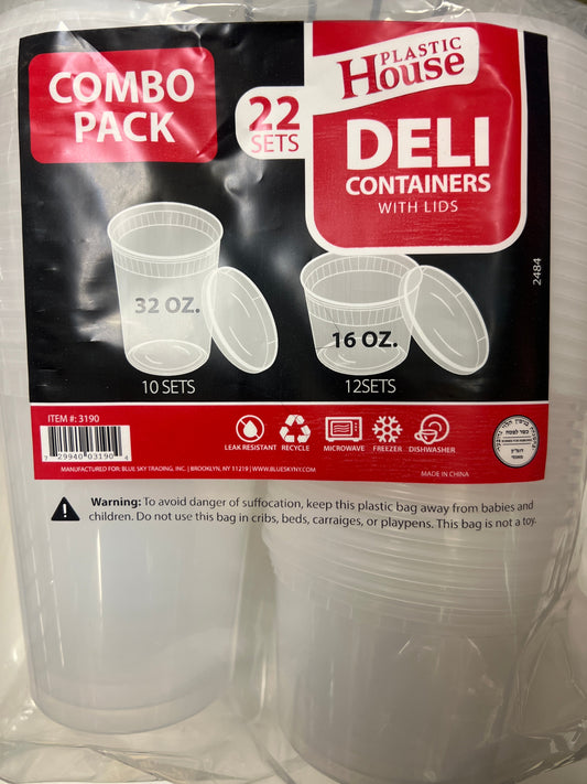 Blue sky #3190 plastic house deli container combo pack 22 sets 32oz and 16oz with lids