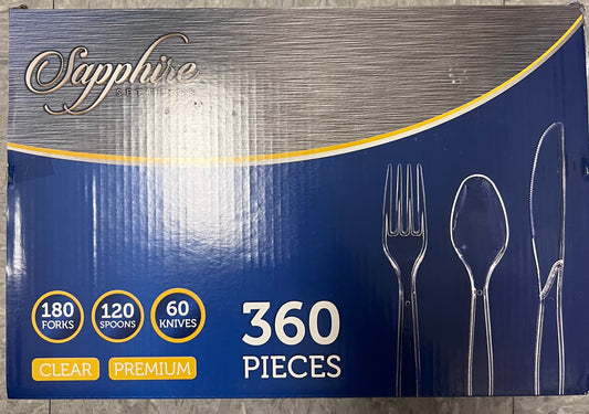 Sapphire settings. 360pc clear premium cutlery. 180 forks. 120 spoons. 60 knives.