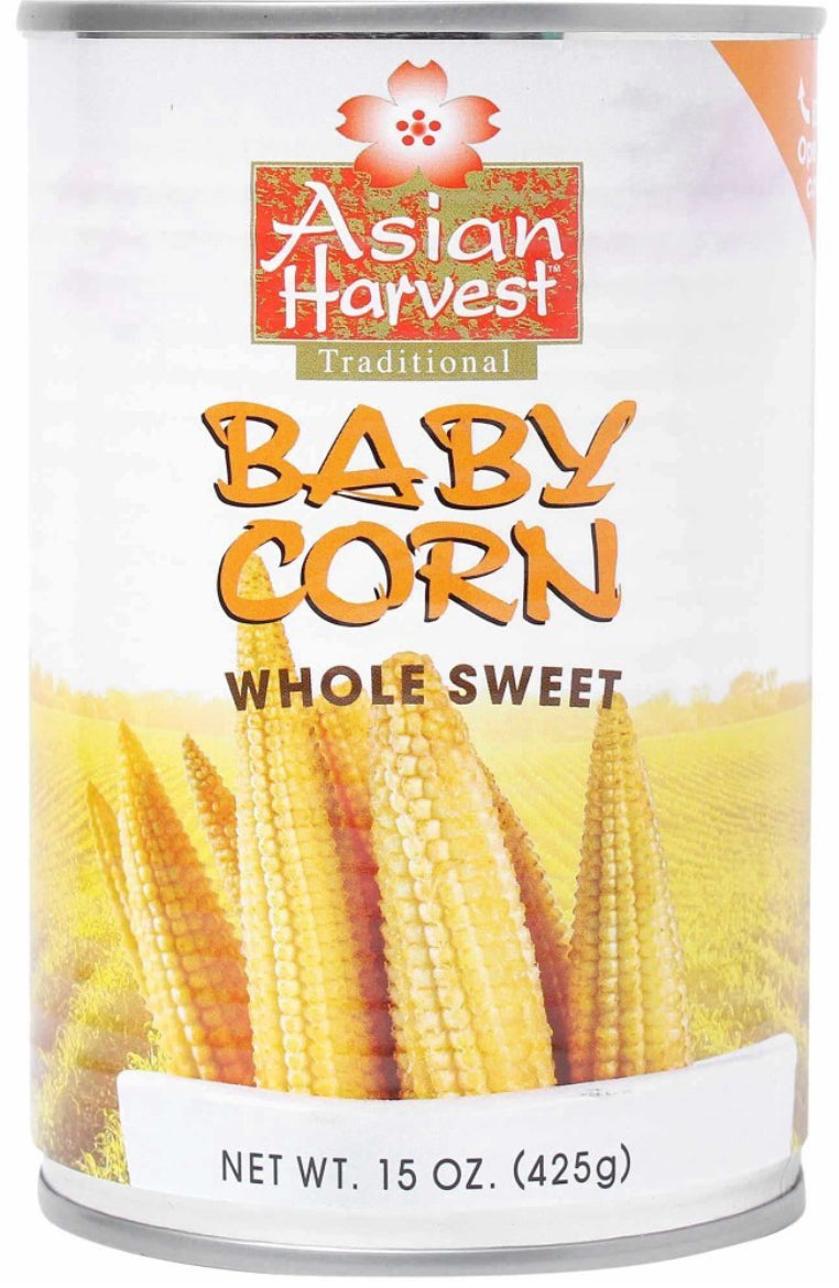 Asian harvest. Whole sweet baby corn in a can