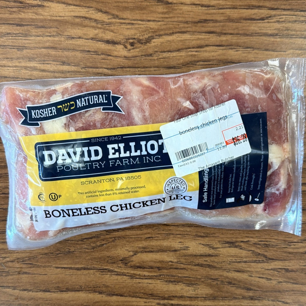David Elliot boneless chicken legs / pargiyot. $11.89/lb. Price adjusted at checkout. Approx 2.25lbs
