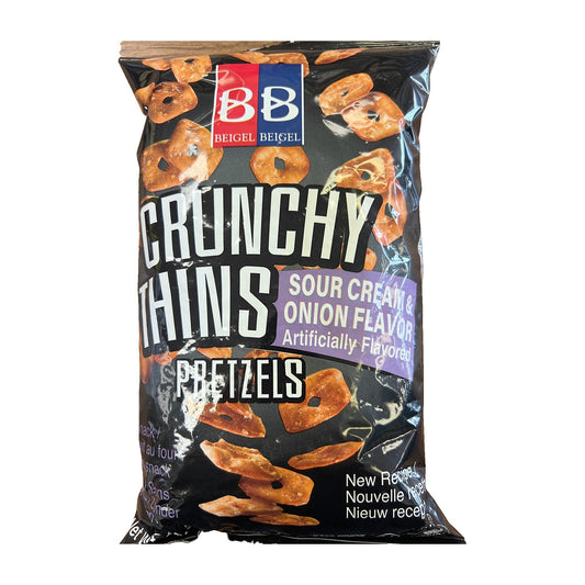 Beigel Beigel. Crunchy thins sour cream and onion flavored pretzels