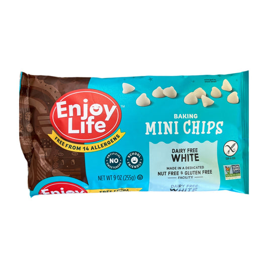 Enjoy life. Baking mini chips white. Dairy free. Nut free. Gluten free